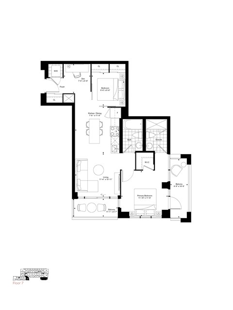 Floor plan for 2 beds, 2 baths, 710 sqft